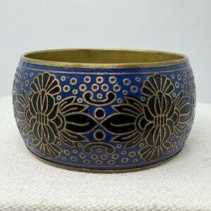 Vintage Enamel‎ Cloisonne Wide Bangle Bracelet Floral Brass Black Blue Boho Art